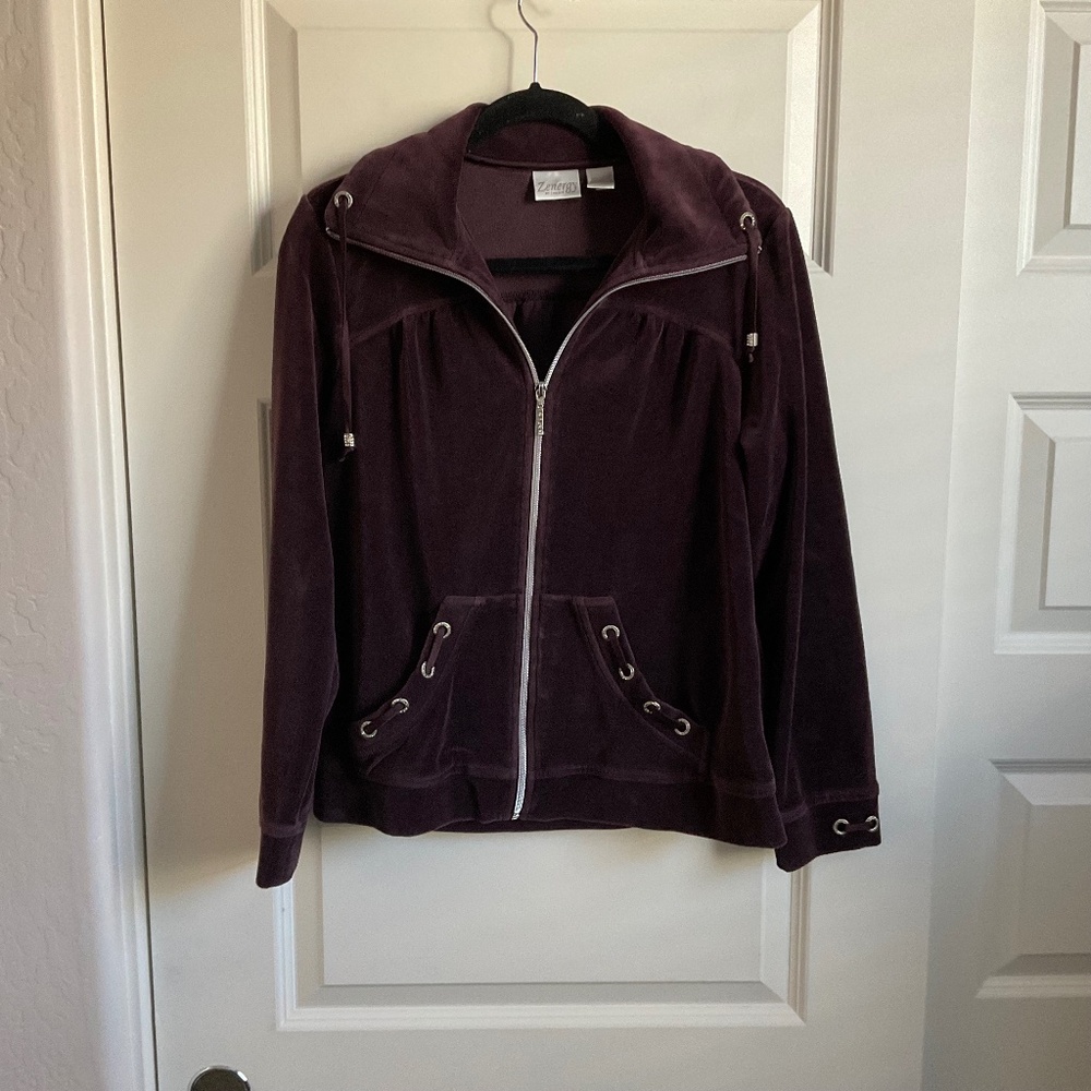 Zenergy‎ by Chico’s Velour Full Zip Rhinestone Detail Jacket - Purple - Medium
